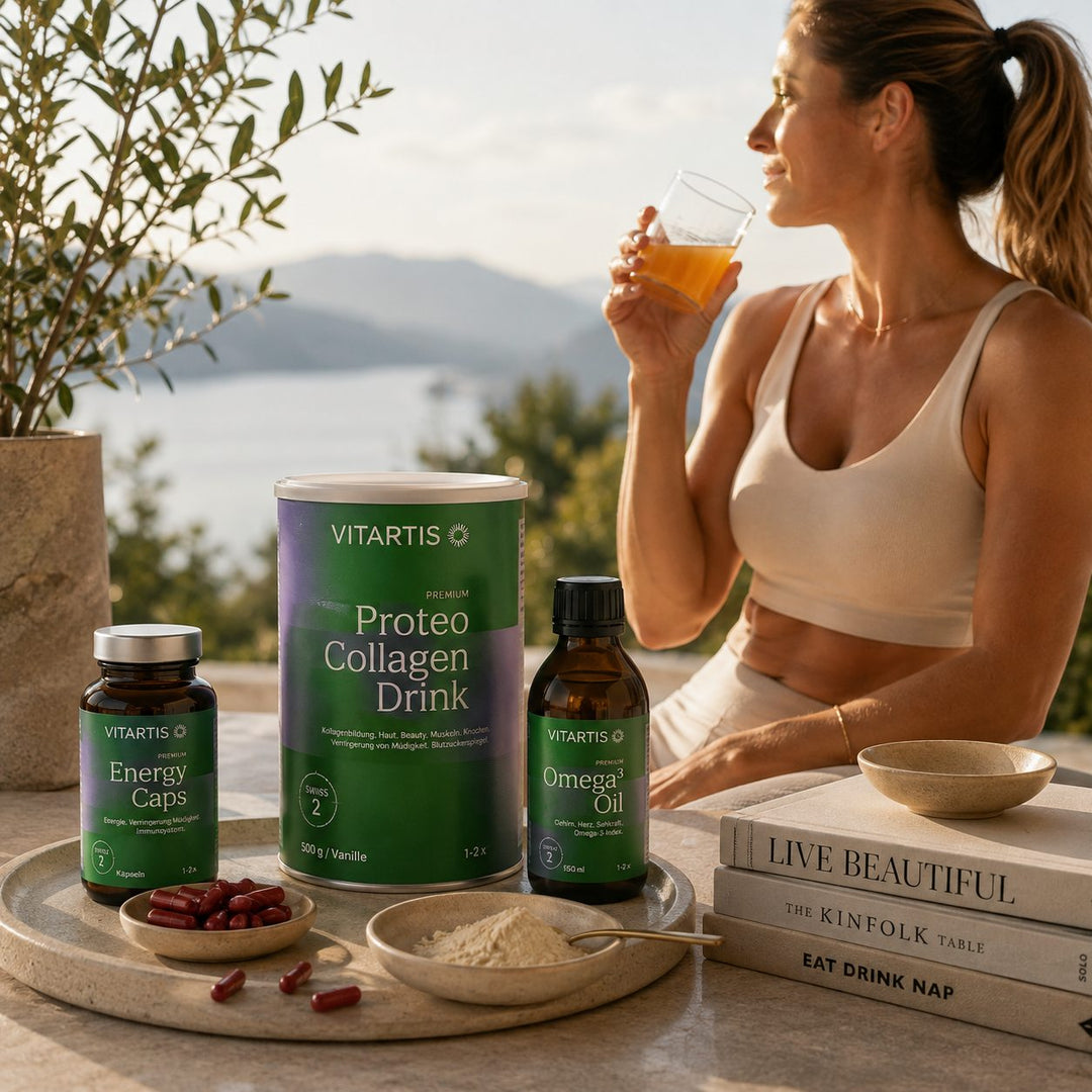 Vitartis Longevity Produkte mit Energy Caps, Proteo Collagen Drink und Omega-3 Oil