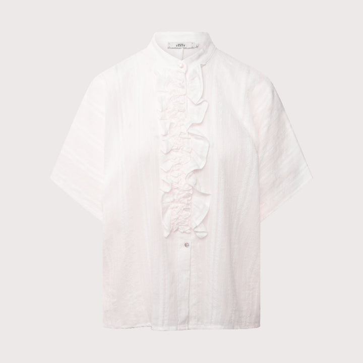 0039 Italy Bluse Daisy Weiss – Produktansicht der Bluse mit Rüschen und Knopfleiste