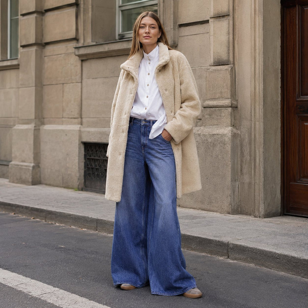 Model trägt den APPARIS Blair Coat in Latte mit weisser Bluse und weiter Jeans in Zürich
