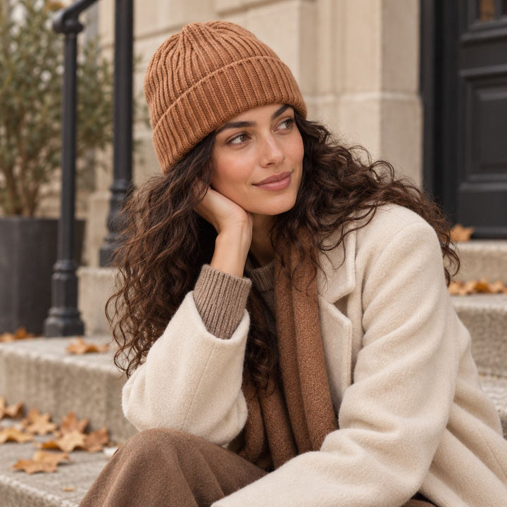 Model mit dunkleren Haaren trägt die Cashimar Cashmere Mütze Bari in Vicuna (Rehbraun), kombiniert mit natürlichen Beige- und Brauntönen im herbstlichen Outdoor-Setting.