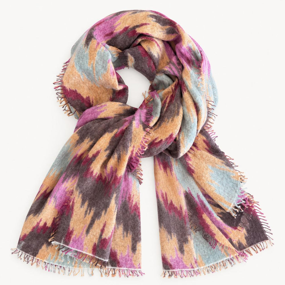 Cute Stuff Schal aus 100% Kaschmir in Tidal Grey, Berry und Ocker mit farbigem Muster und Fransen
