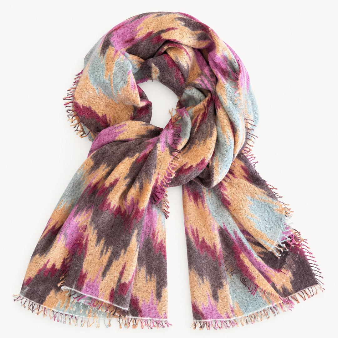 Cute Stuff Schal aus 100% Kaschmir in Tidal Grey, Berry und Ocker mit farbigem Muster und Fransen