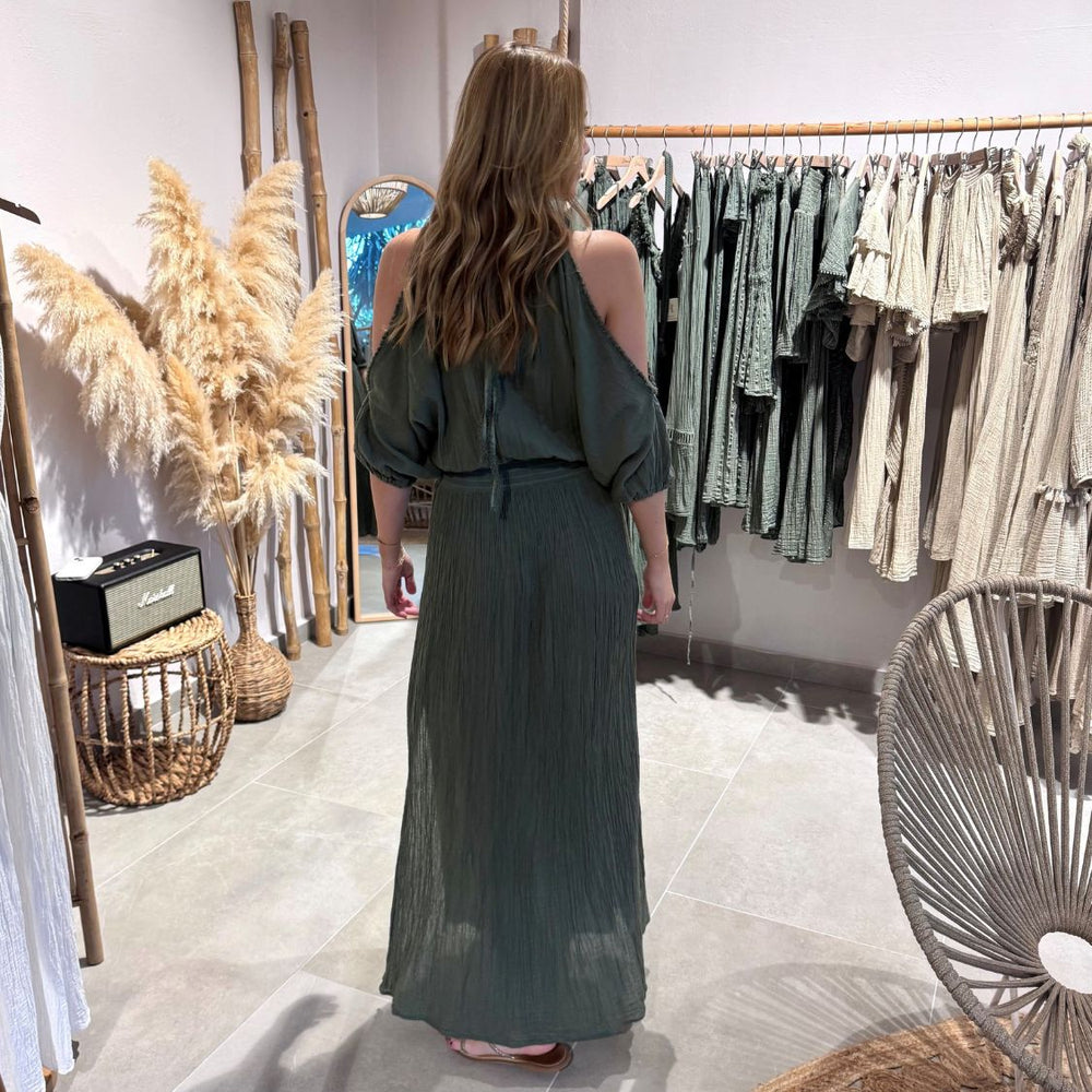D’ARTEMIDE Sappho Dress in khaki aus 100 % Baumwolle, Rückenansicht des langen Sommerkleids