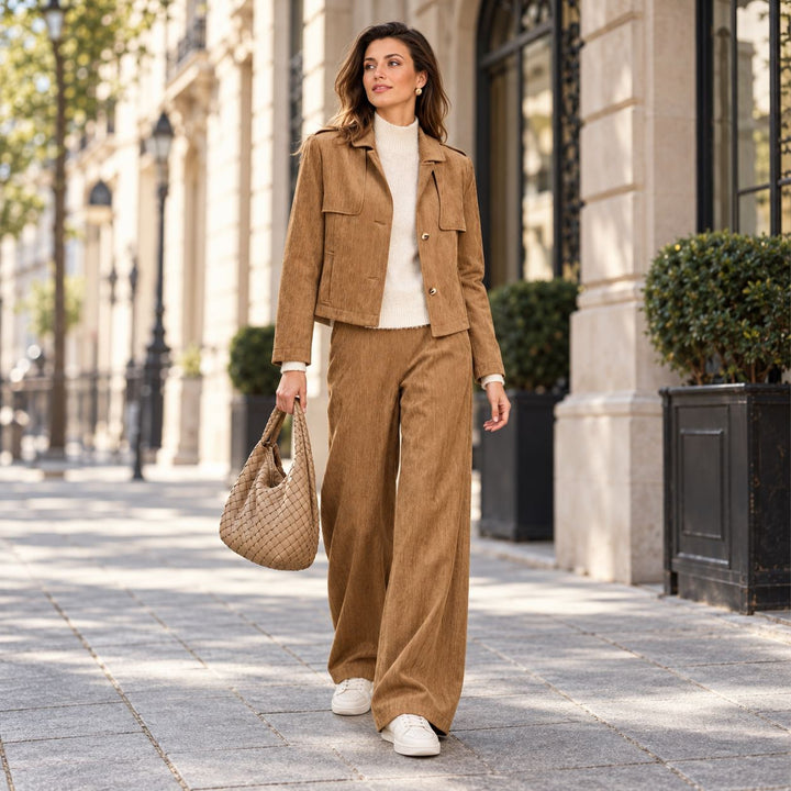 Due Amanti Patricia Hose und Janice Jacke an Model im Streetstyle outdoor mit weissem Rollkragenpullover und weissen Sneakern von Lemargo
