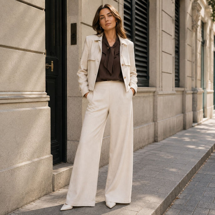 Due Amanti Zweiteiler mit Patricia Hose und Janice Jacke in Cream, kombiniert mit brauner Bente Schluppenbluse