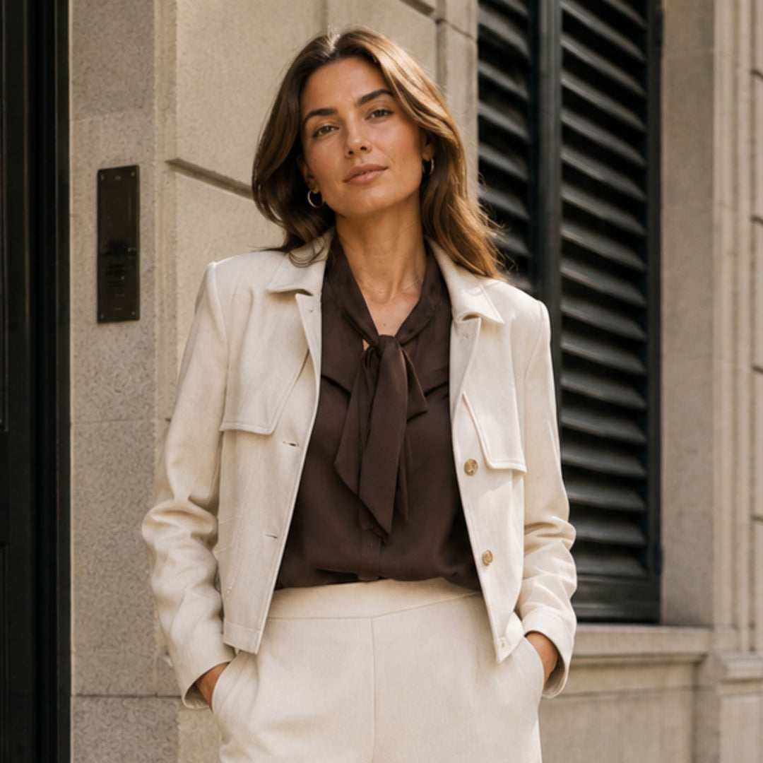 Due Amanti Janice Jacke in Cream mit brauner Bente Schluppenbluse – elegante Damenmode im Detail