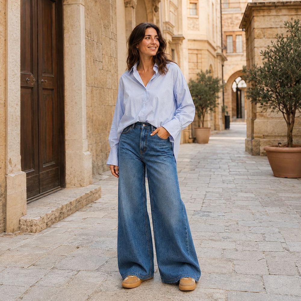 Emotions Iceblue Bluse mit Wide Leg Jeans kombiniert mit den Voile Blanche  Sneakern Mind 02 W auf einer Strasse.