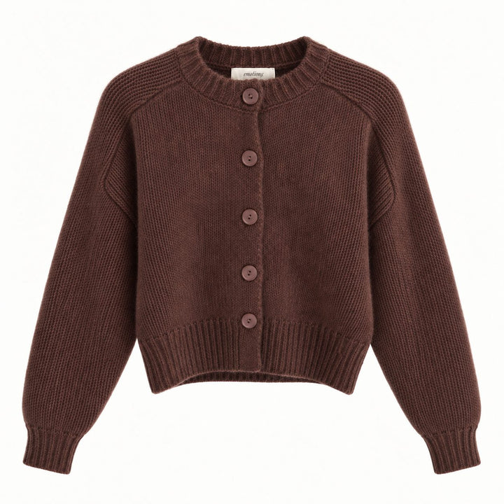 Emotions Cardigan Choco aus 82% Merinowolle und 18% Cashmere – brauner Strickcardigan mit Rundhals und Knopfleiste - Produktefoto