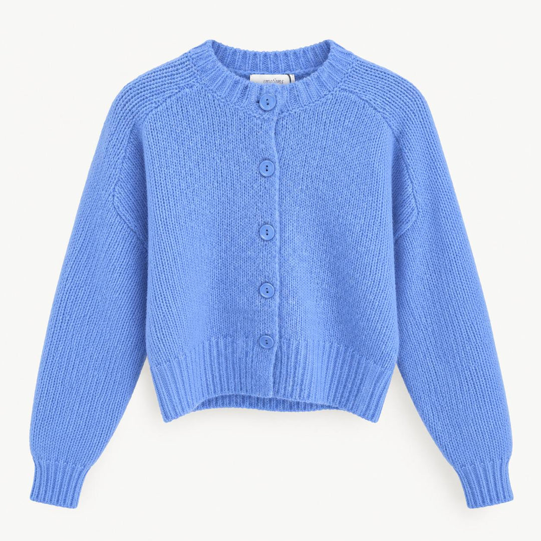 Emotions Cardigan in Ocean Blue – weicher Strickcardigan mit Rundhalsausschnitt und Knopfleiste