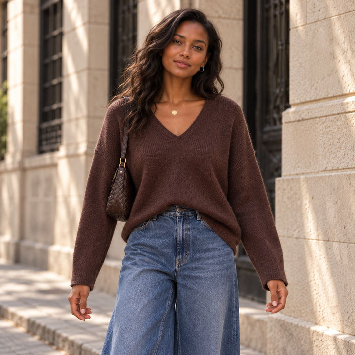Emotions V-Pullover Choco – brauner Damen Strickpullover mit V-Ausschnitt und Wide Leg Jeans und geflochtener brauner Tasche an dunklem Model mit Locken