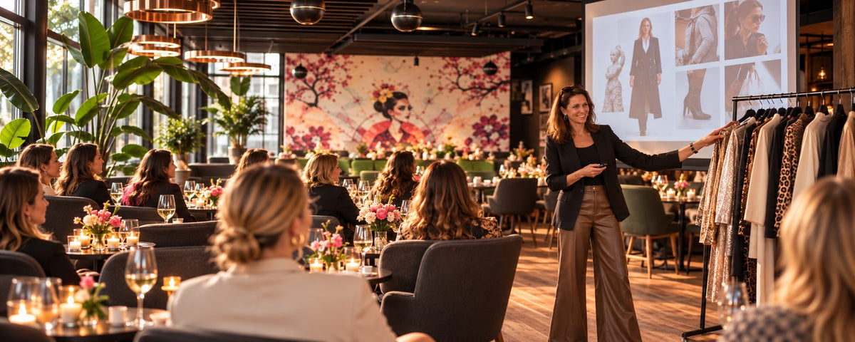 Janine im Setting an einem Kleiderständer mit Leinwand im Hintergrund vom Styling Workshop im Barfüsser Sushi & Lounge in Oberrieden mit weiblichen Teilnehmerinnen.