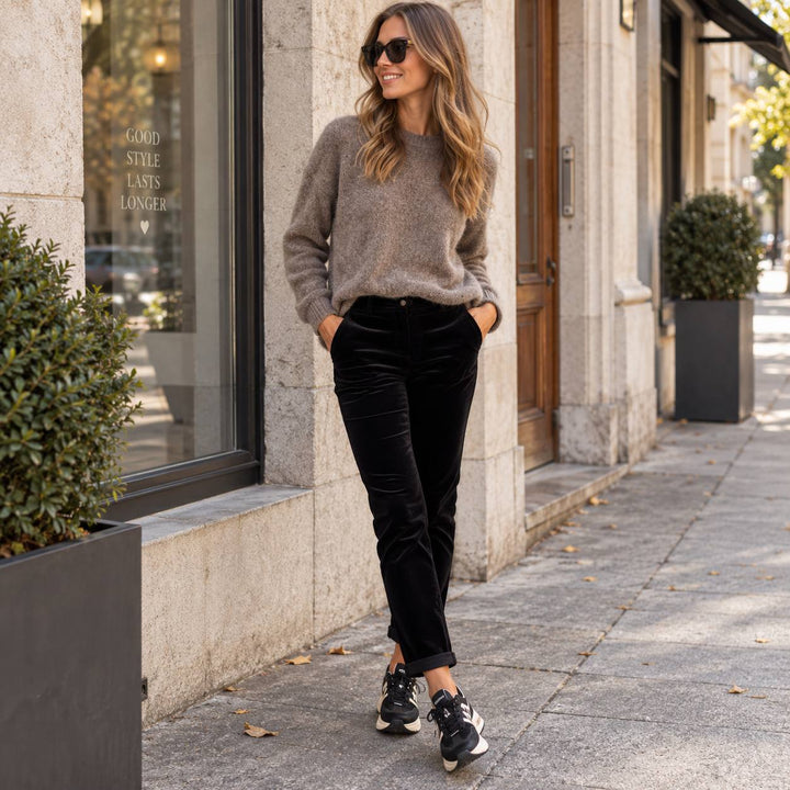 Schwarze Samthose für Damen im Outdoor-Look mit kuscheligem Pullover und schwarzen Sneakern von Premiata