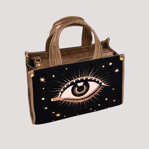 La Funky Mexicana La Grande Velvet Bag in black aus Samt und veganem Leder, seitliche Ansicht