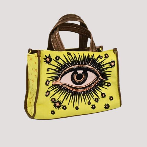 La Funky Mexicana La Grande Velvet Bag in neon yellow aus Samt und veganem Leder, auffällige Handtasche mit Augenmotiv
