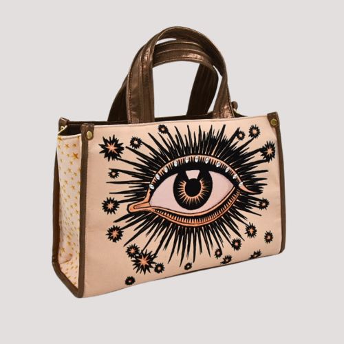 La Funky Mexicana La Grande Velvet Bag in offwhite aus Samt und veganem Leder, Handtasche mit Augenmotiv, Frontansicht