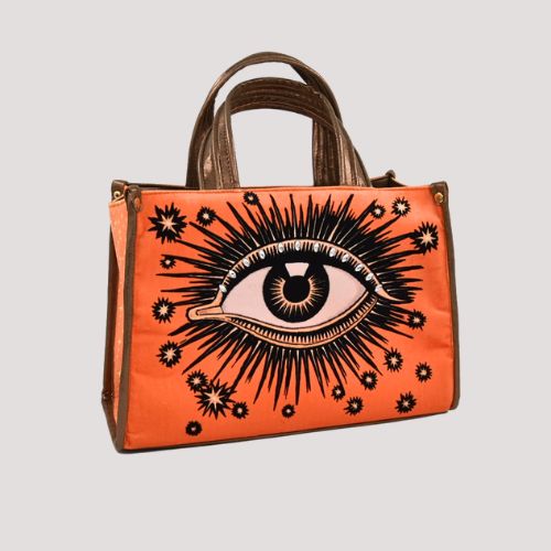 La Funky Mexicana La Grande Velvet Bag in orange aus Samt und veganem Leder, Handtasche mit Augenmotiv, Frontansicht