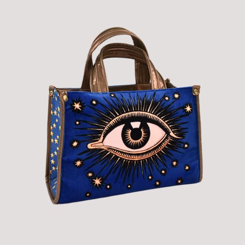 La Funky Mexicana La Grande Velvet Bag in royal blue aus Samt und veganem Leder, Handtasche mit ikonischem Augenmotiv, Frontansicht