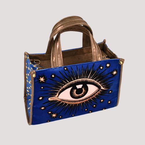La Funky Mexicana La Grande Velvet Bag in royal blue aus Samt und veganem Leder, seitliche Ansicht