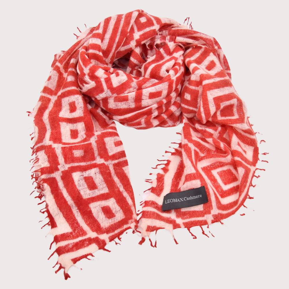 Leomax Cashmere Schal „Seventies“ in Ruby (Rot-Hellbeige) aus 100 % Kaschmir mit grafischem Muster und Fransen