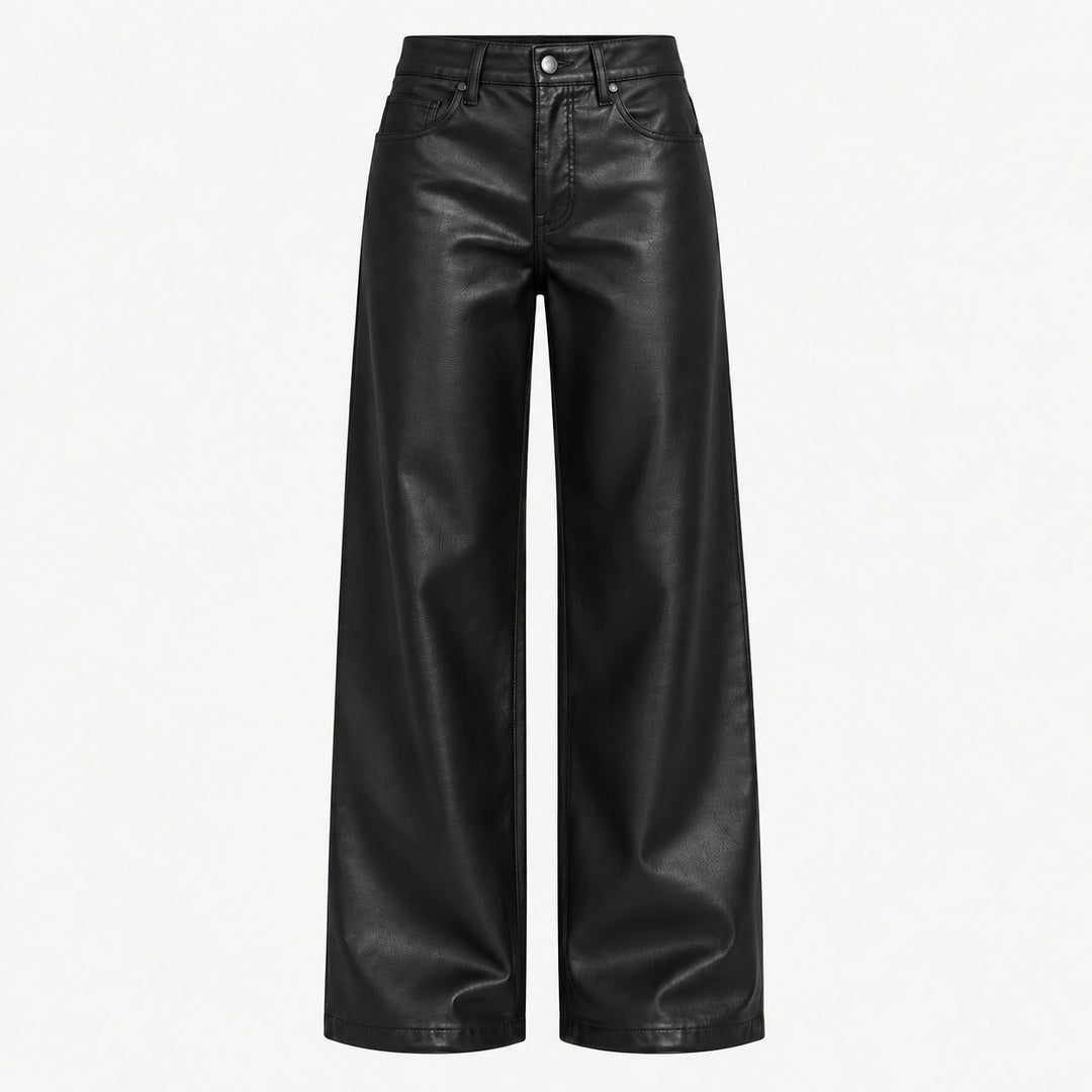 THE.NIM vegane Lederhose TORI Black – schwarze High Rise Wide Leg Hose in veganer Lederoptik von vorne