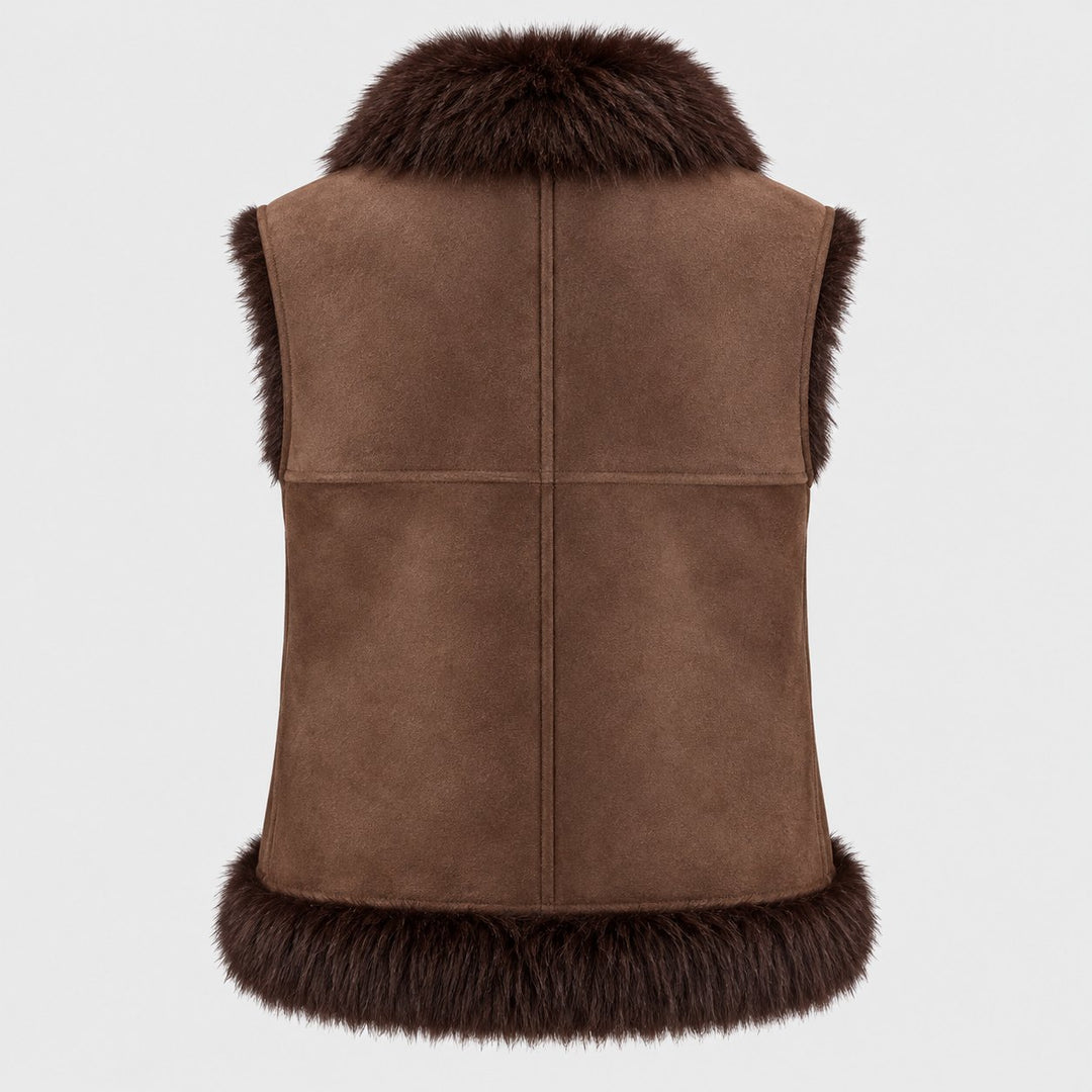 Urbancode London reversible Faux Fur Weste in Chocolate Brown – Rückansicht mit glatter Wendeseite
