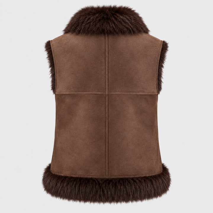 Urbancode London reversible Faux Fur Weste in Chocolate Brown – Rückansicht mit glatter Wendeseite