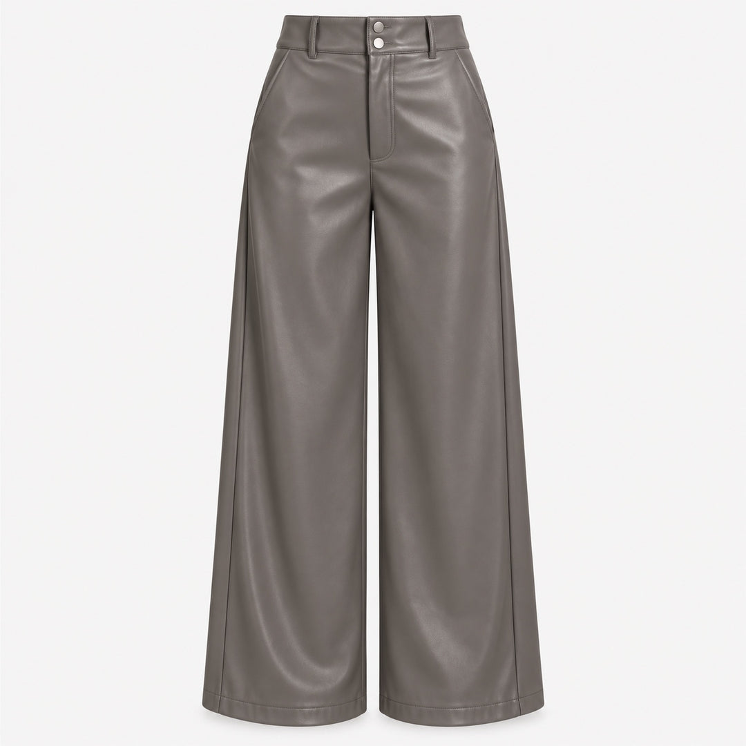 Taupefarbene vegane Lederhose von Urbancode London im Wide-Leg-Schnitt – Vorderansicht