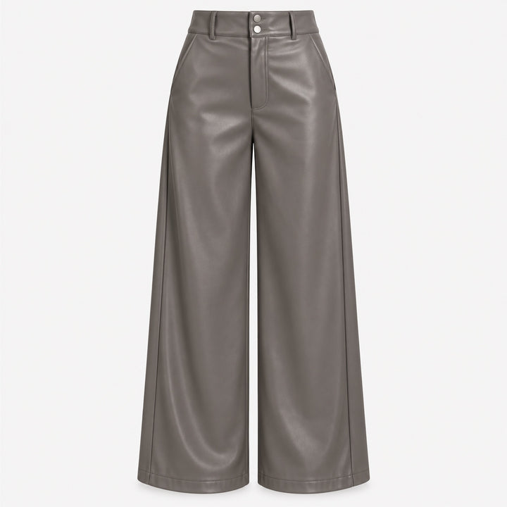 Taupefarbene vegane Lederhose von Urbancode London im Wide-Leg-Schnitt – Vorderansicht