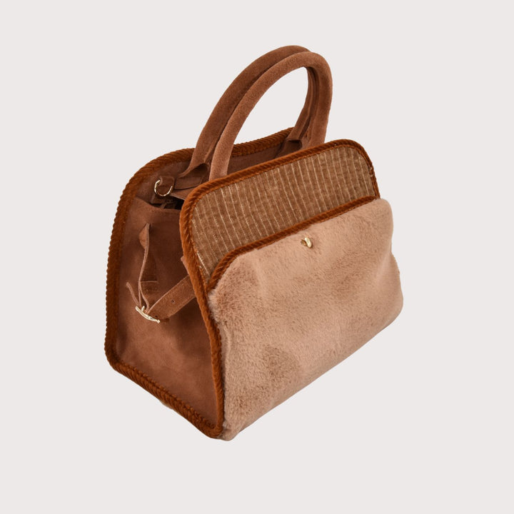ViaMailBag Sharon Velvet Tasche in Beige/Cuoio aus Cord und Wildleder mit Fronttasche in Pelzoptik