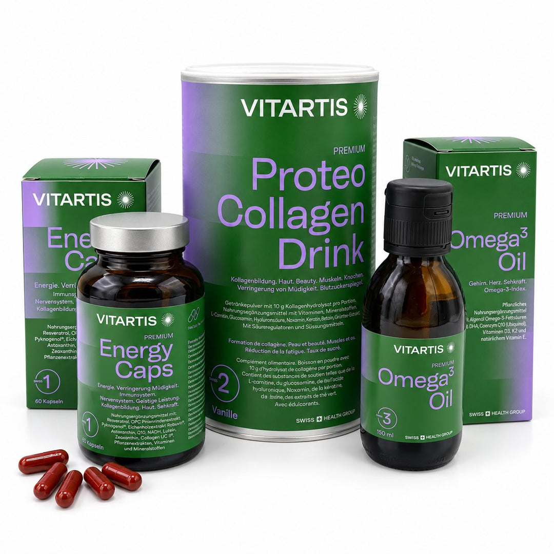 VITARTIS All-in-One Vorteilspaket mit Energy Caps, Proteo Collagen Drink und Omega-3 Oil